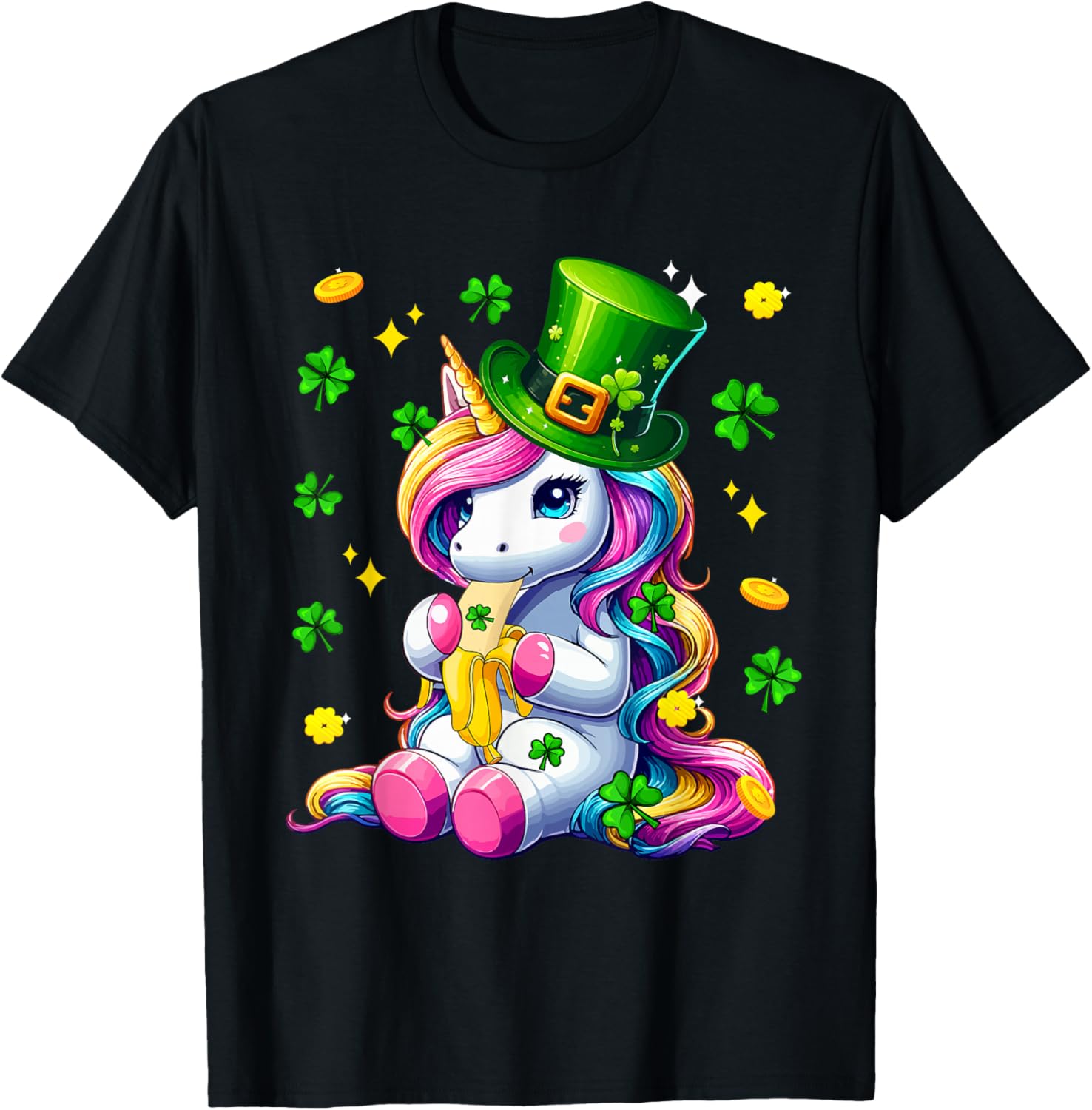 Colorful Unicorn Eating Banana St. Patrick's Day Shamrocks T-Shirt - T-Shirt | Black