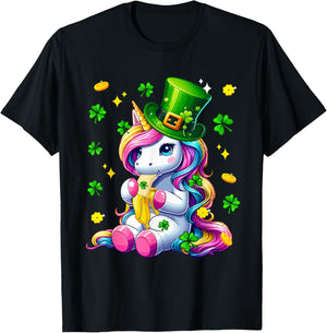 Colorful Unicorn Eating Banana St. Patrick's Day Shamrocks T-Shirt - T-Shirt | Black