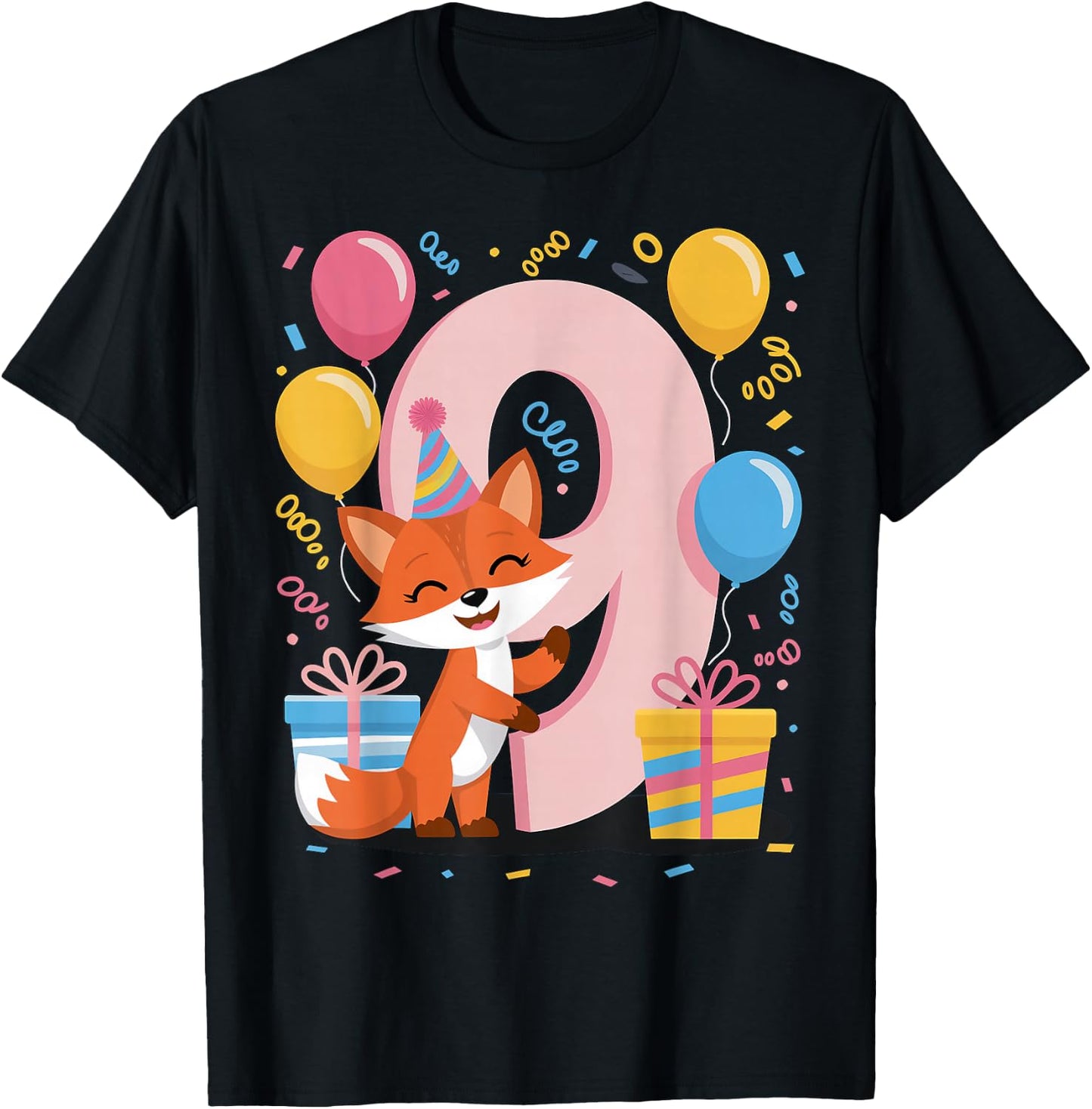 Fox 9th birthday for boy girl 9 years old ninth nine Fox T-Shirt - T-Shirt | Black