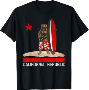 California Republic State Surfer Bear Surfing Cali Beach T-Shirt - T-Shirt | Black