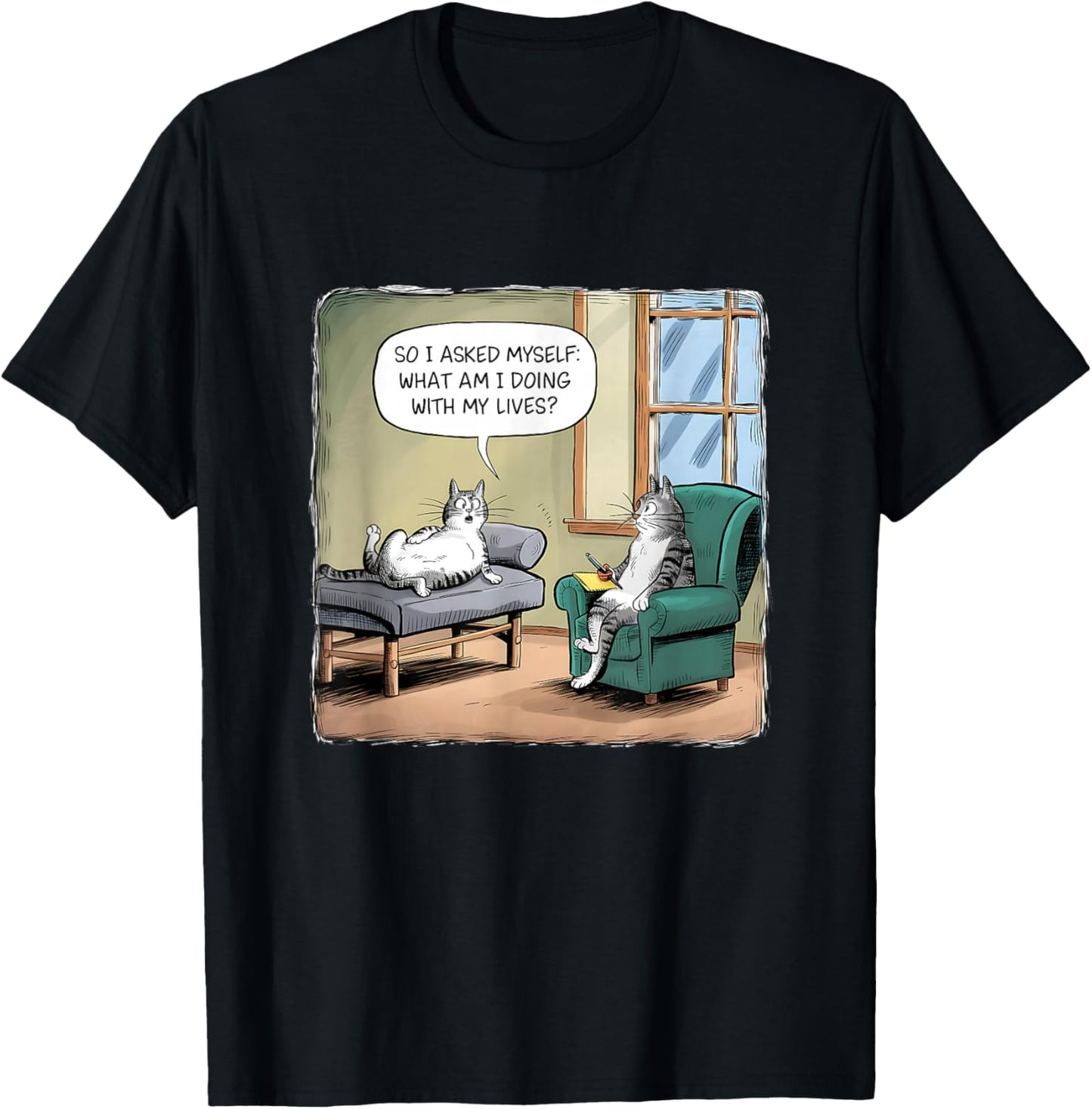 What Am I Doing With My Lives - Funny Midlife Crisis Cat T-Shirt - T-Shirt | Black