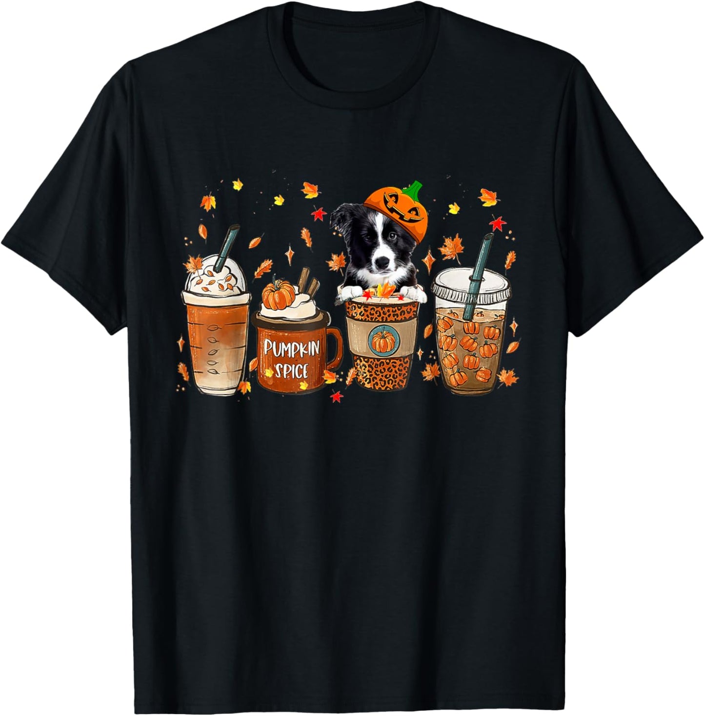 Border Collie Fall Coffee Pumpkin Spice Latte Iced Autumn T-Shirt - T-Shirt | Black