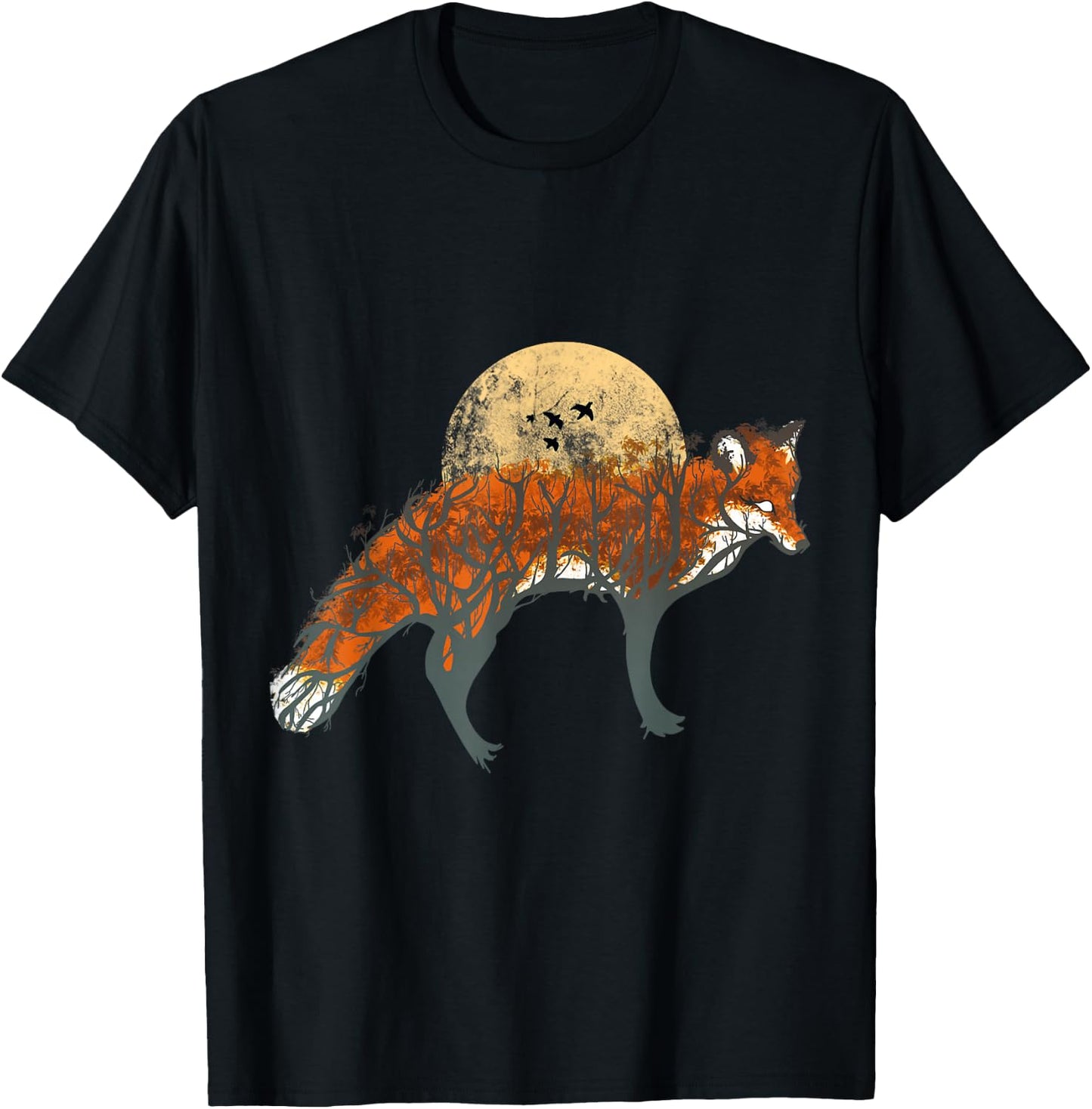 Fox Beautiful Animal Fall Tree Forest Vintage Fox Lover T-Shirt - T-Shirt | Black
