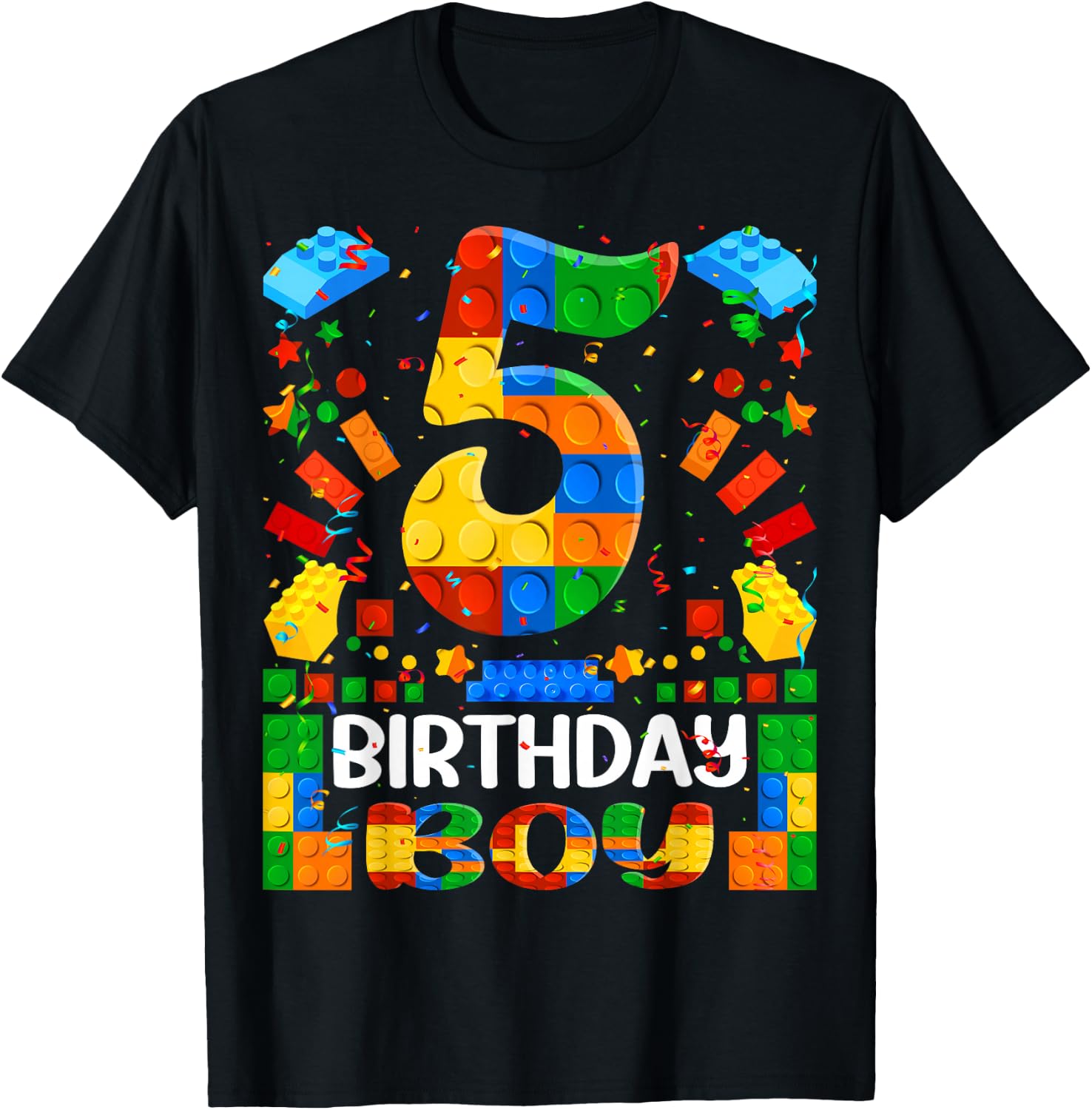 5 Year Old Building Blocks 5th Birthday Boy Brick Builder T-Shirt - T-Shirt | Black