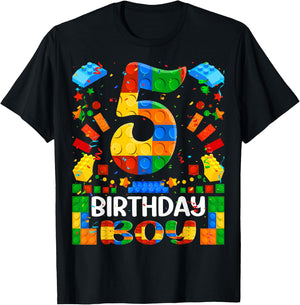 5 Year Old Building Blocks 5th Birthday Boy Brick Builder T-Shirt - T-Shirt | Black