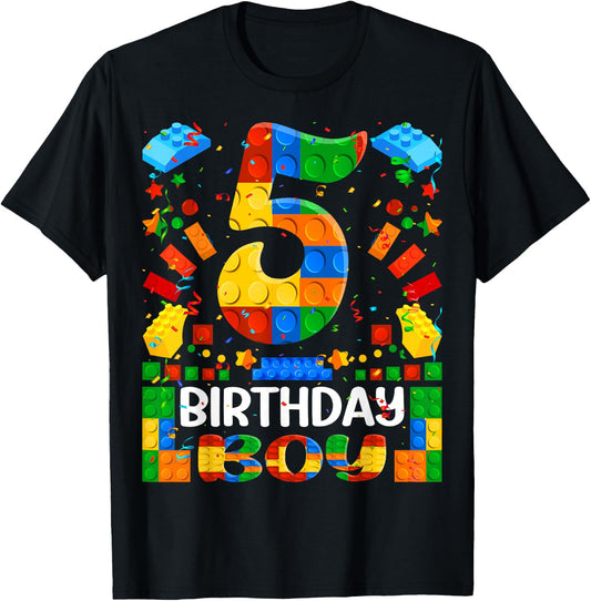 5 Year Old Building Blocks 5th Birthday Boy Brick Builder T-Shirt - T-Shirt | Black