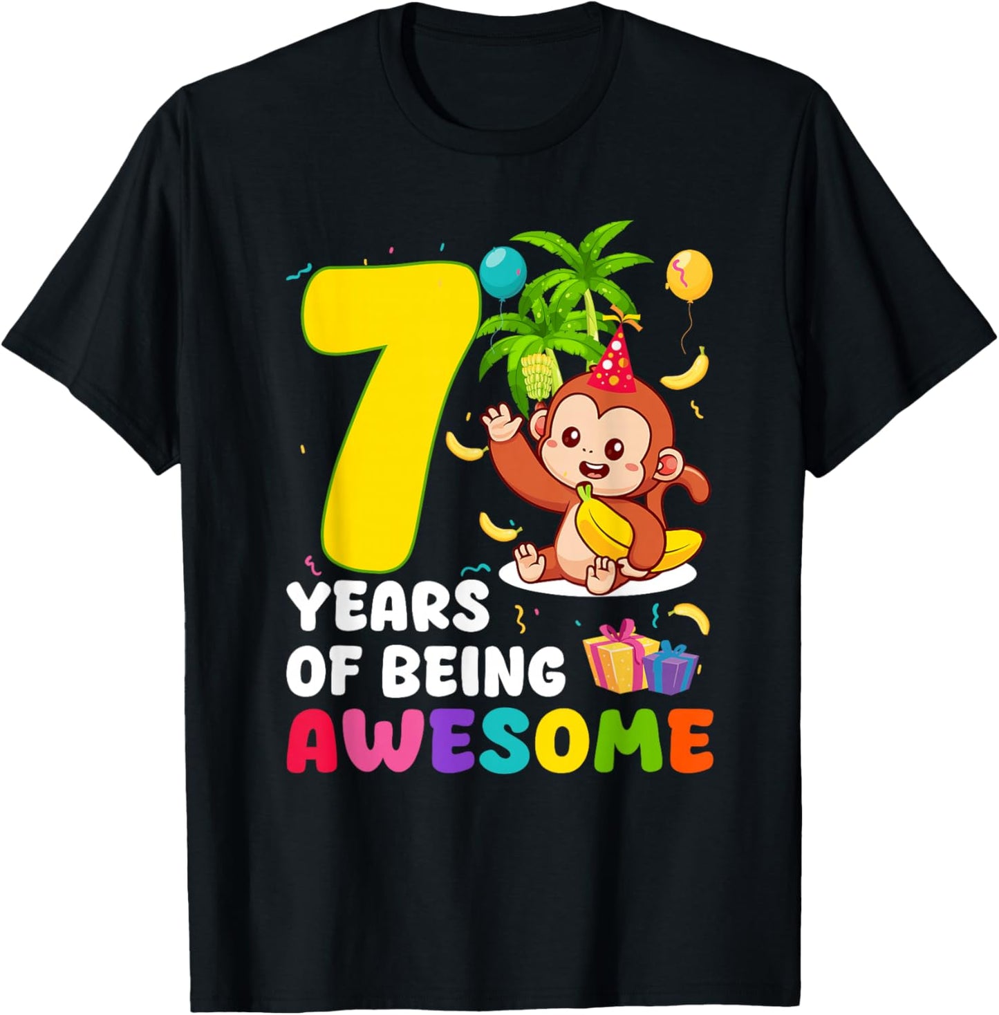 7th Birthday Monkey Themed Party 7 Years of Being Awesome T-Shirt - T-Shirt | Black