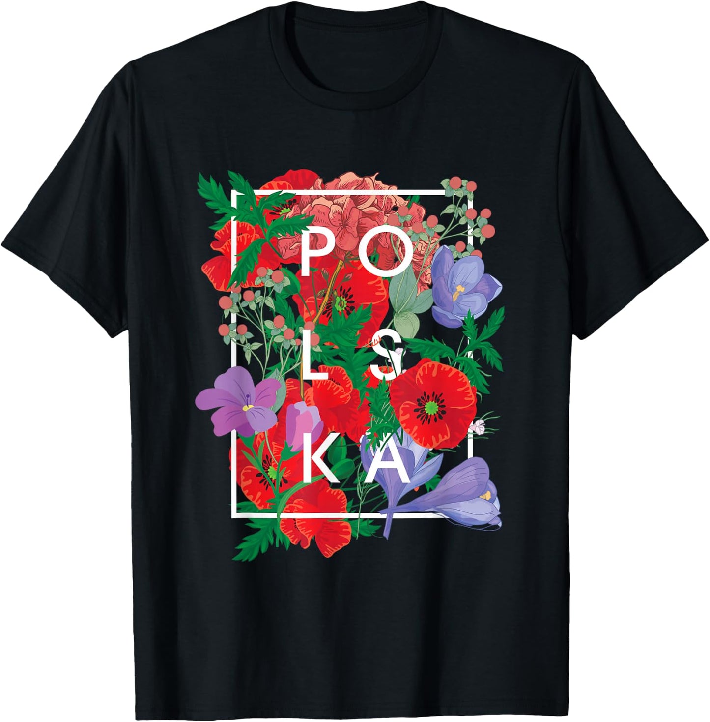 Flowers of Poland Word Art - Polska Polish Pride T-Shirt - T-Shirt | Black
