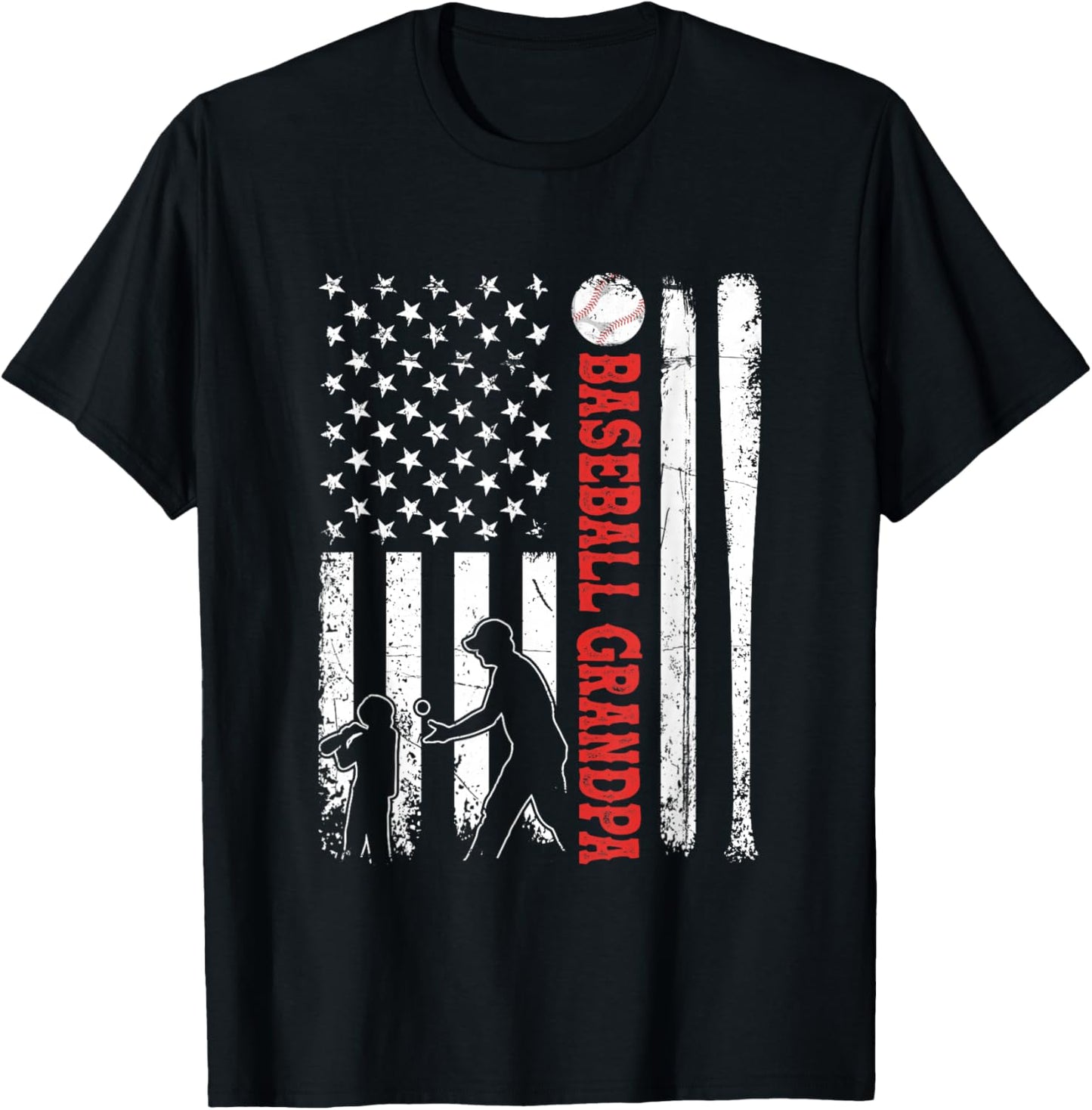 Distressed USA American Flag Baseball Grandpa Father's Day Women Kids Men T-Shirt - T-Shirt | Black