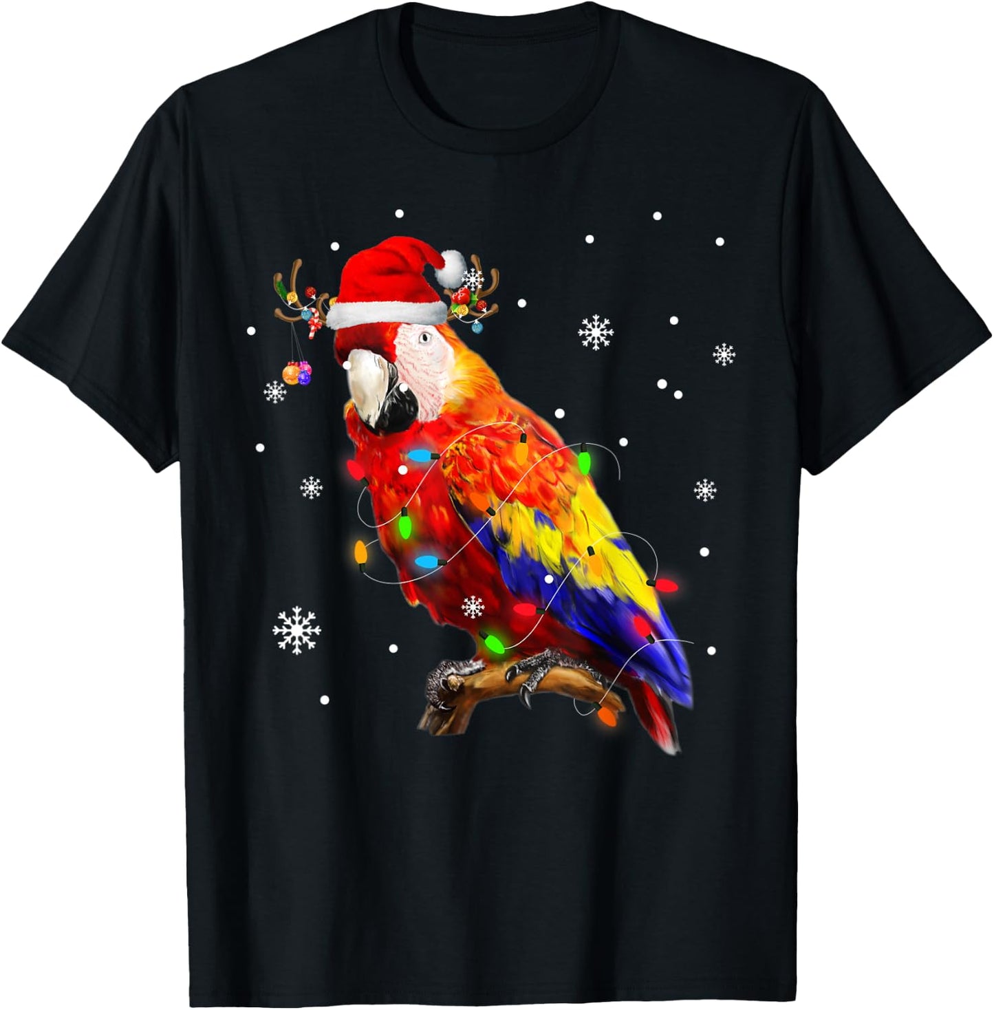 Parrot Santa Hat Reindeer Xmas Light Christmas Pajama Family T-Shirt - T-Shirt | Black