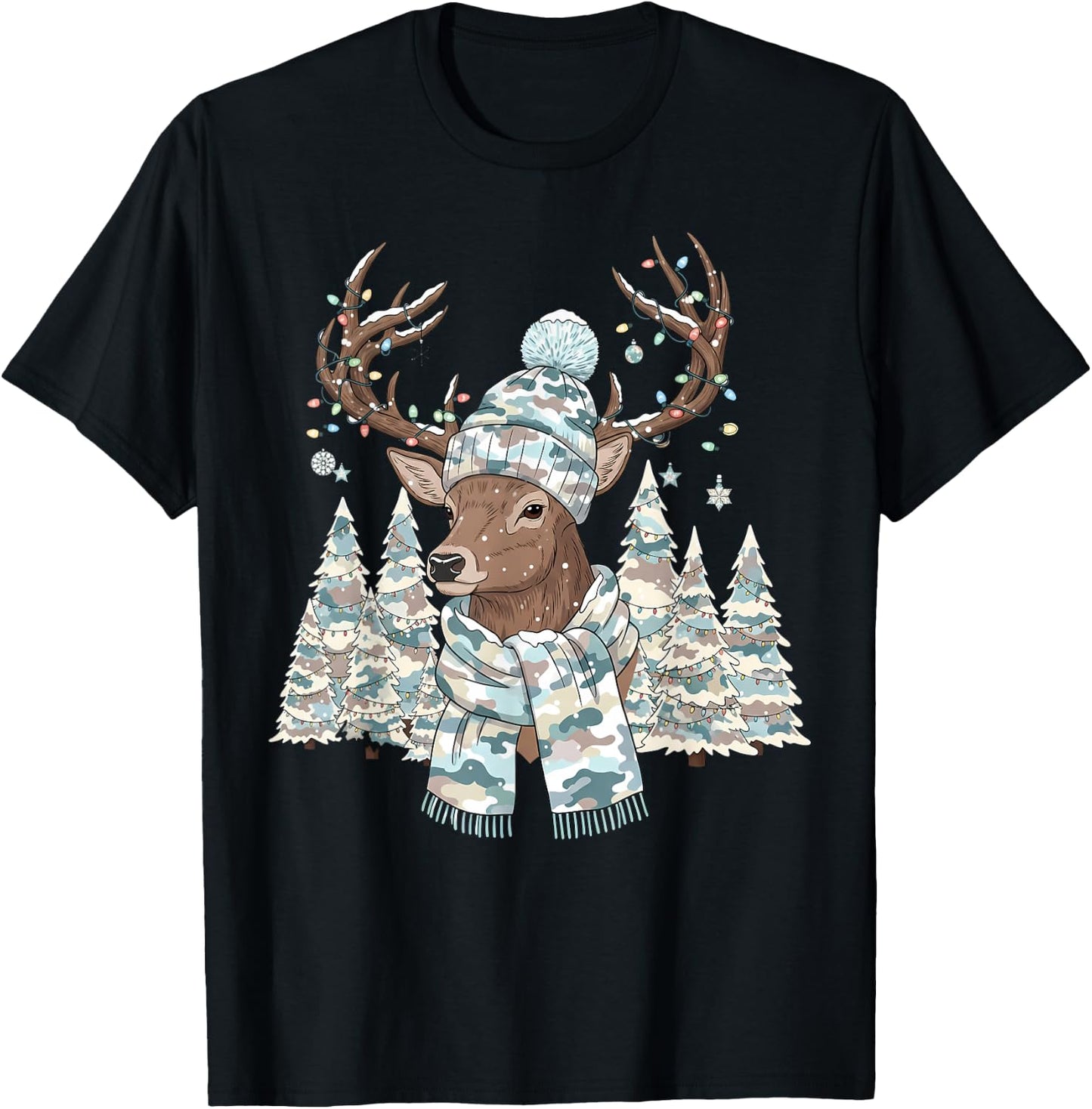 Christmas Camo Hunting Reindeer Pajamas with Deer Xmas Light T-Shirt - T-Shirt | Black
