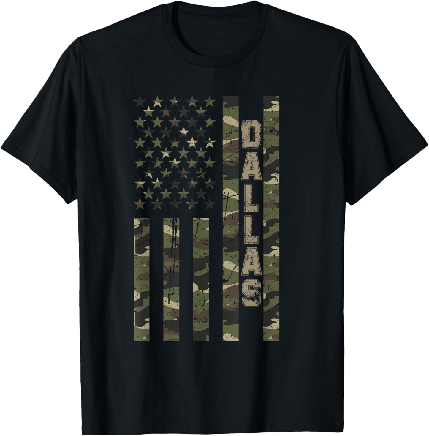 Dallas United States Distressed Camo w US Flag T-Shirt - T-Shirt | Black