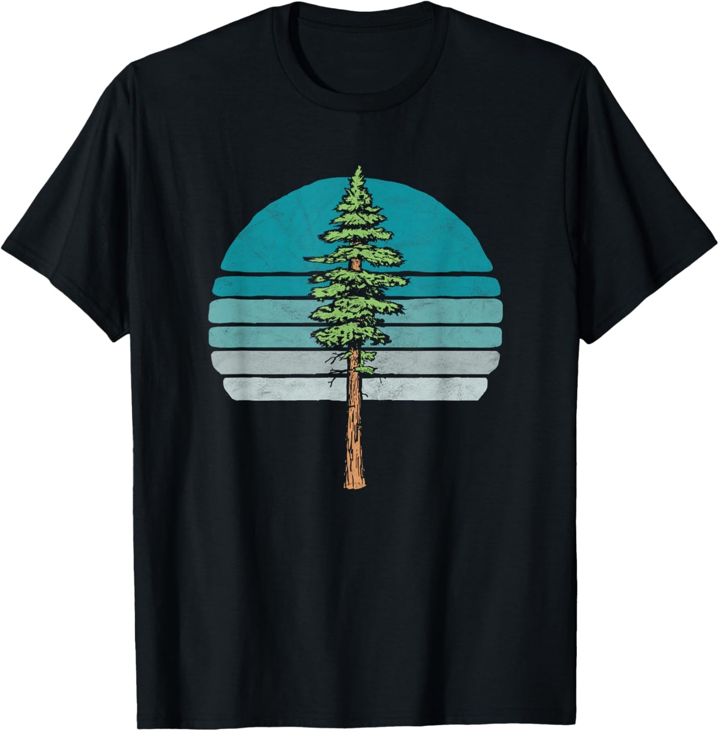Redwood Tree & Retro Blue Sunset 80s Outdoor Graphic T-Shirt - T-Shirt | Black