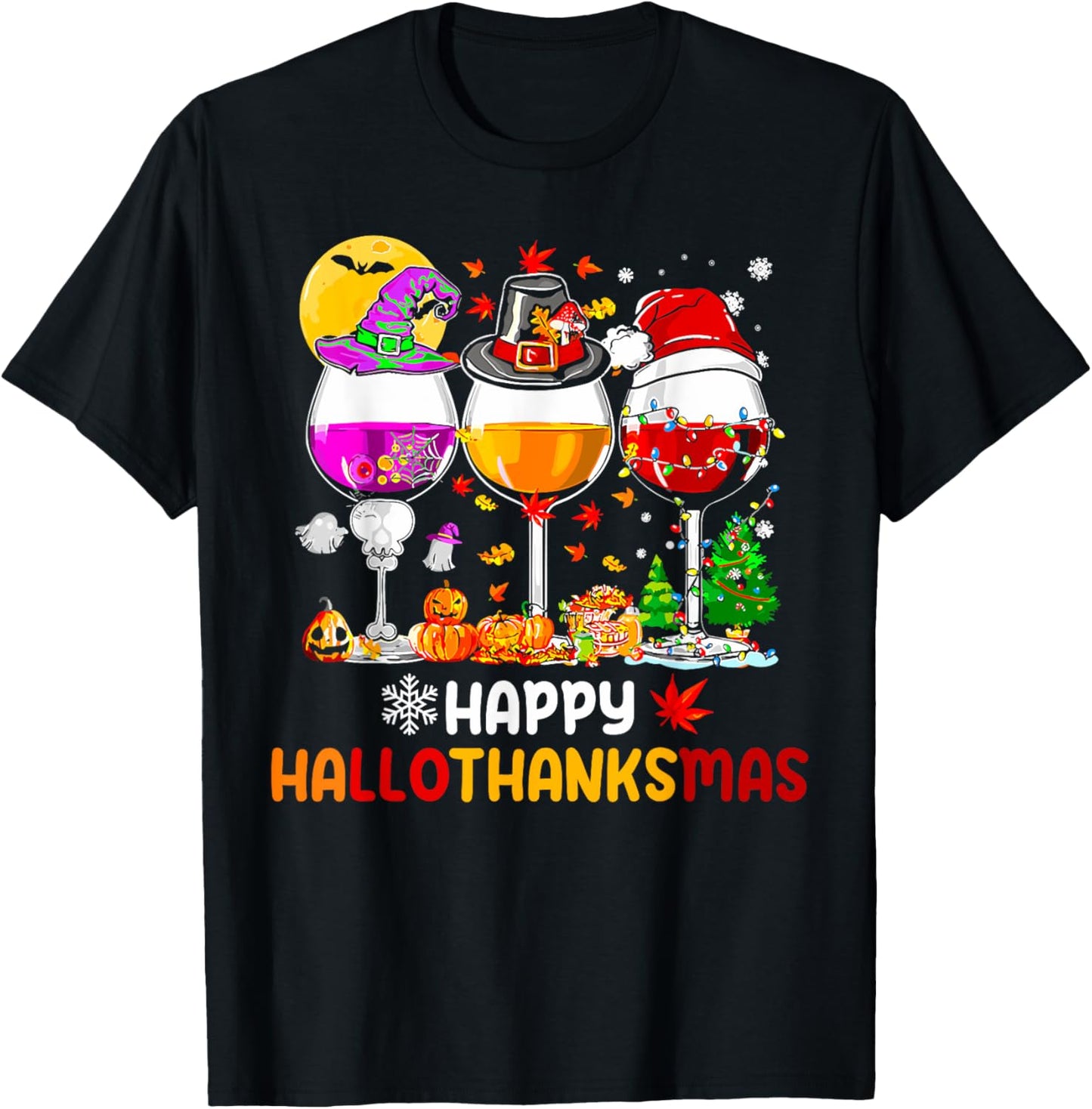 Happy Hallothanksmas Halloween Thanksgiving Christmas Fall T-Shirt - T-Shirt | Black