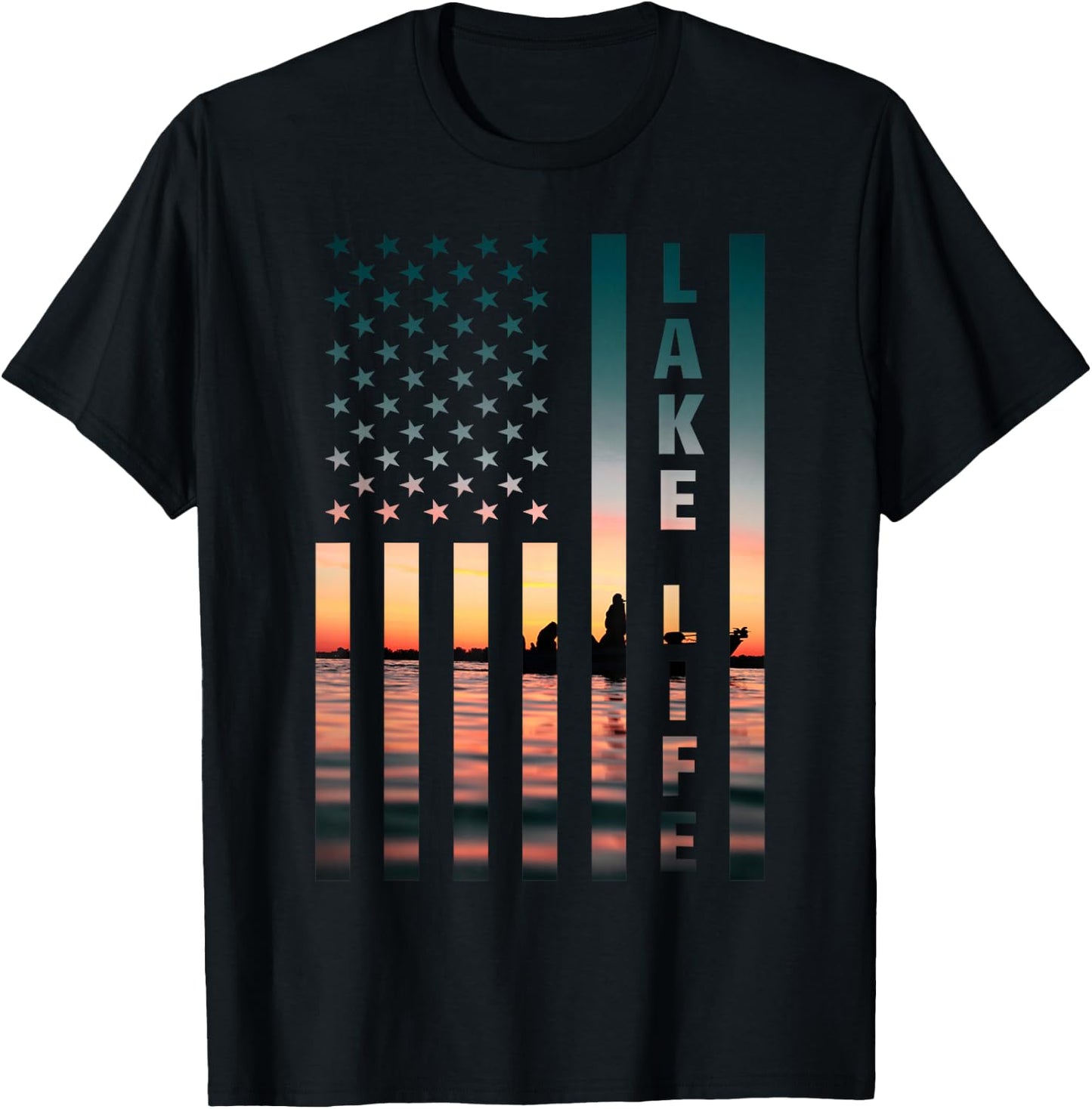 Lake Life Fisherman Sunset American Flag Bass Fishing Boat T-Shirt - T-Shirt | Black