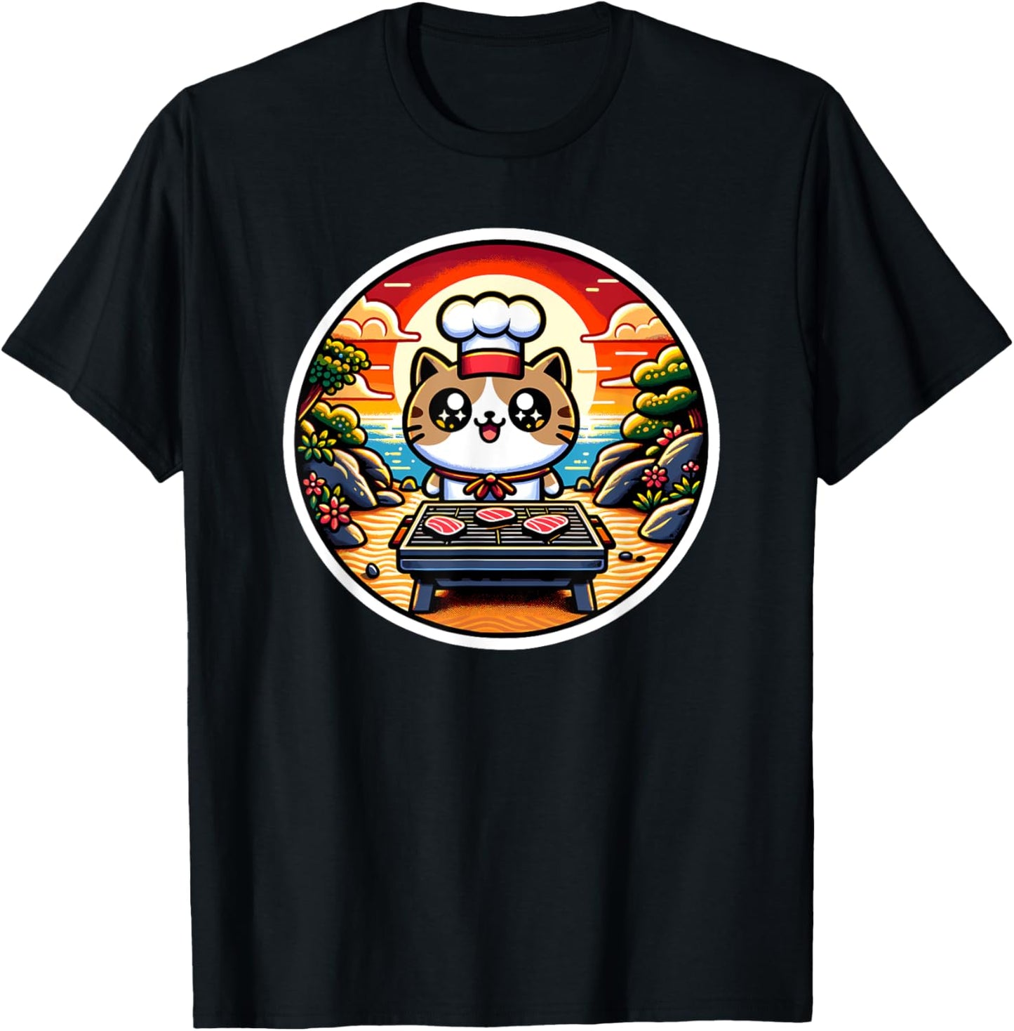 Hibachi Cat Chef, Hibachi Kids, Kawaii Cat Making Hibachi T-Shirt - T-Shirt | Black