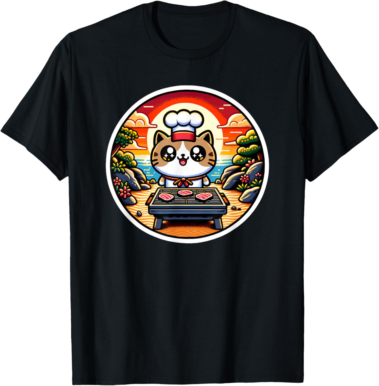 Hibachi Cat Chef, Hibachi Kids, Kawaii Cat Making Hibachi T-Shirt - T-Shirt | Black