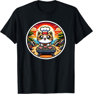 Hibachi Cat Chef, Hibachi Kids, Kawaii Cat Making Hibachi T-Shirt - T-Shirt | Black