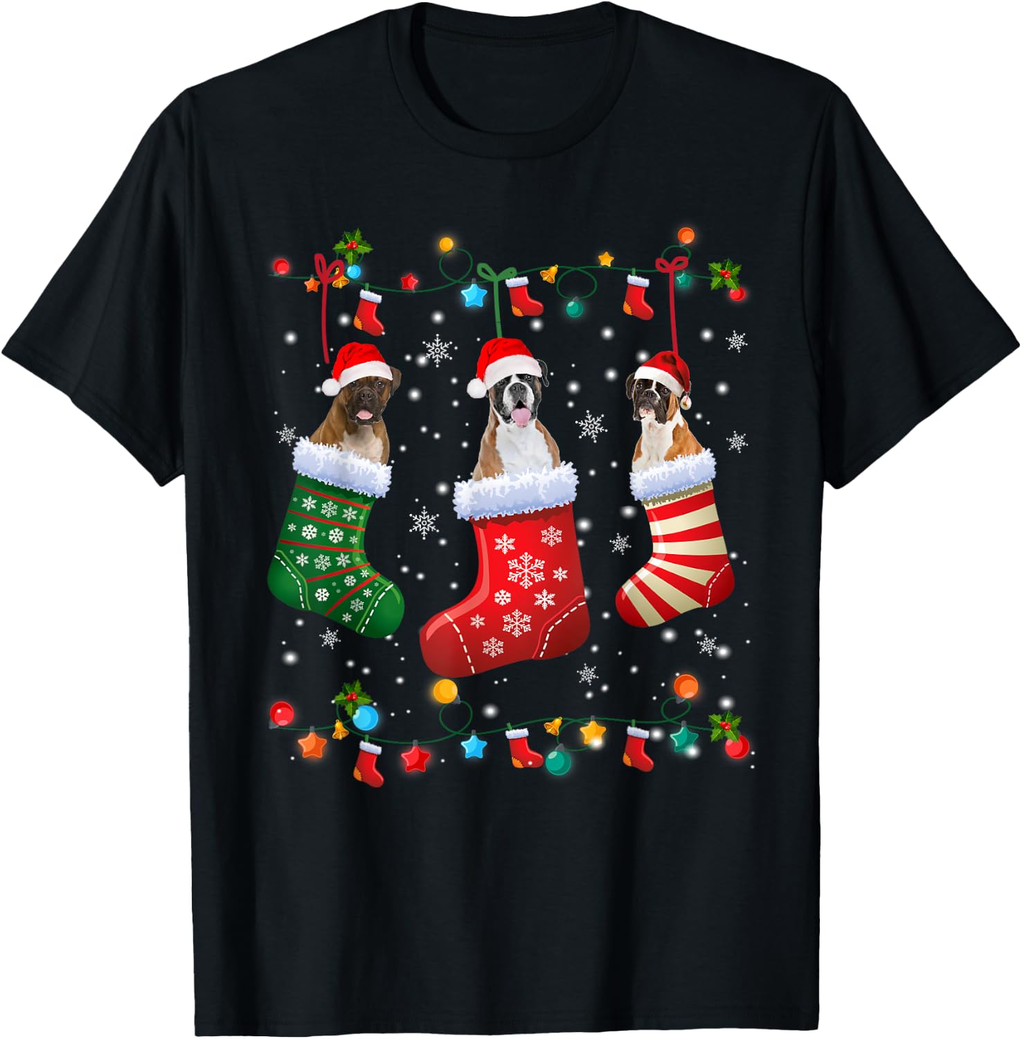 Christmas Socks Pajama Boxer Dog Puppy Lover Women Kids T-Shirt - T-Shirt | Black