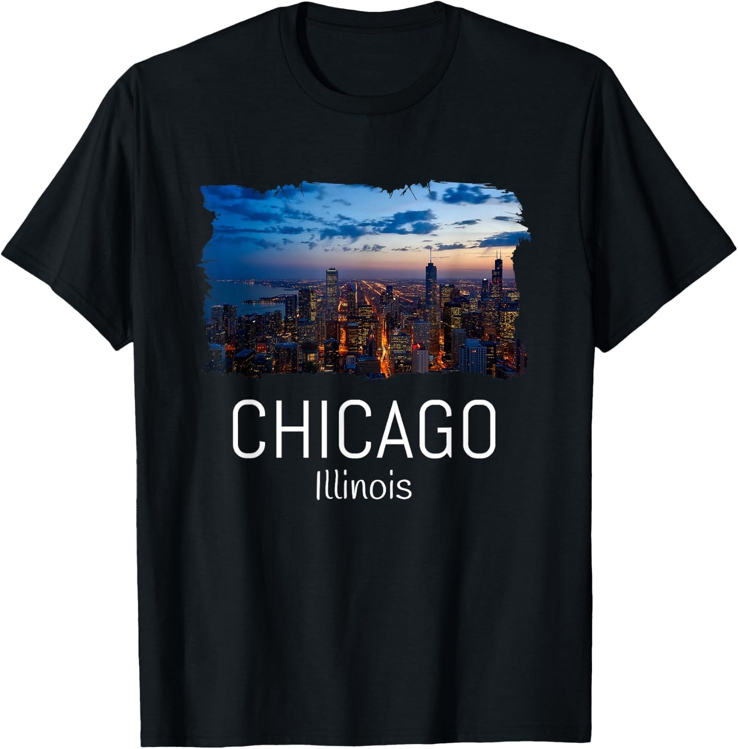 Chicago Skyline At Night Cool Souvenir Chicago Illinois T-Shirt - T-Shirt | Black