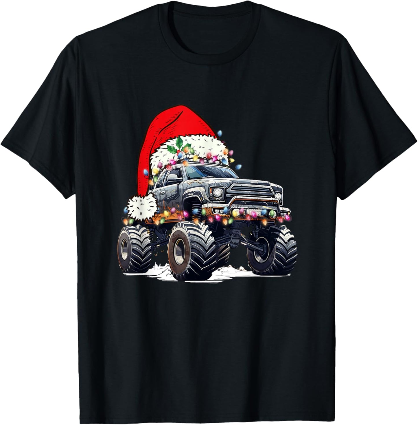 Monster Truck Christmas Tree Ornament Santa Hat Lights Xmas T-Shirt - T-Shirt | Black