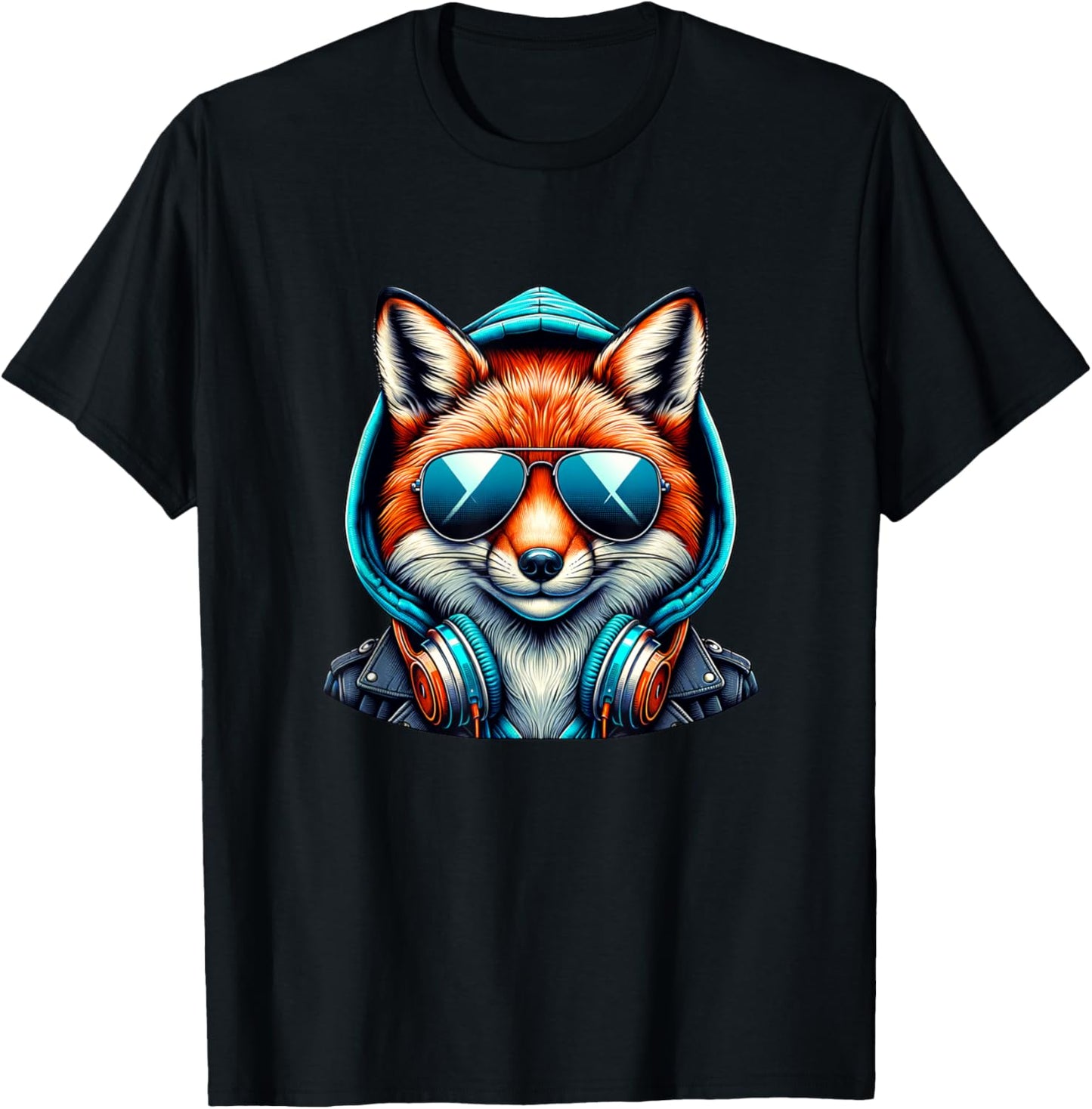 Glücklicher Fuchs Mit Kopfhörer Und Sonnenbrille T-Shirt - T-Shirt | Black