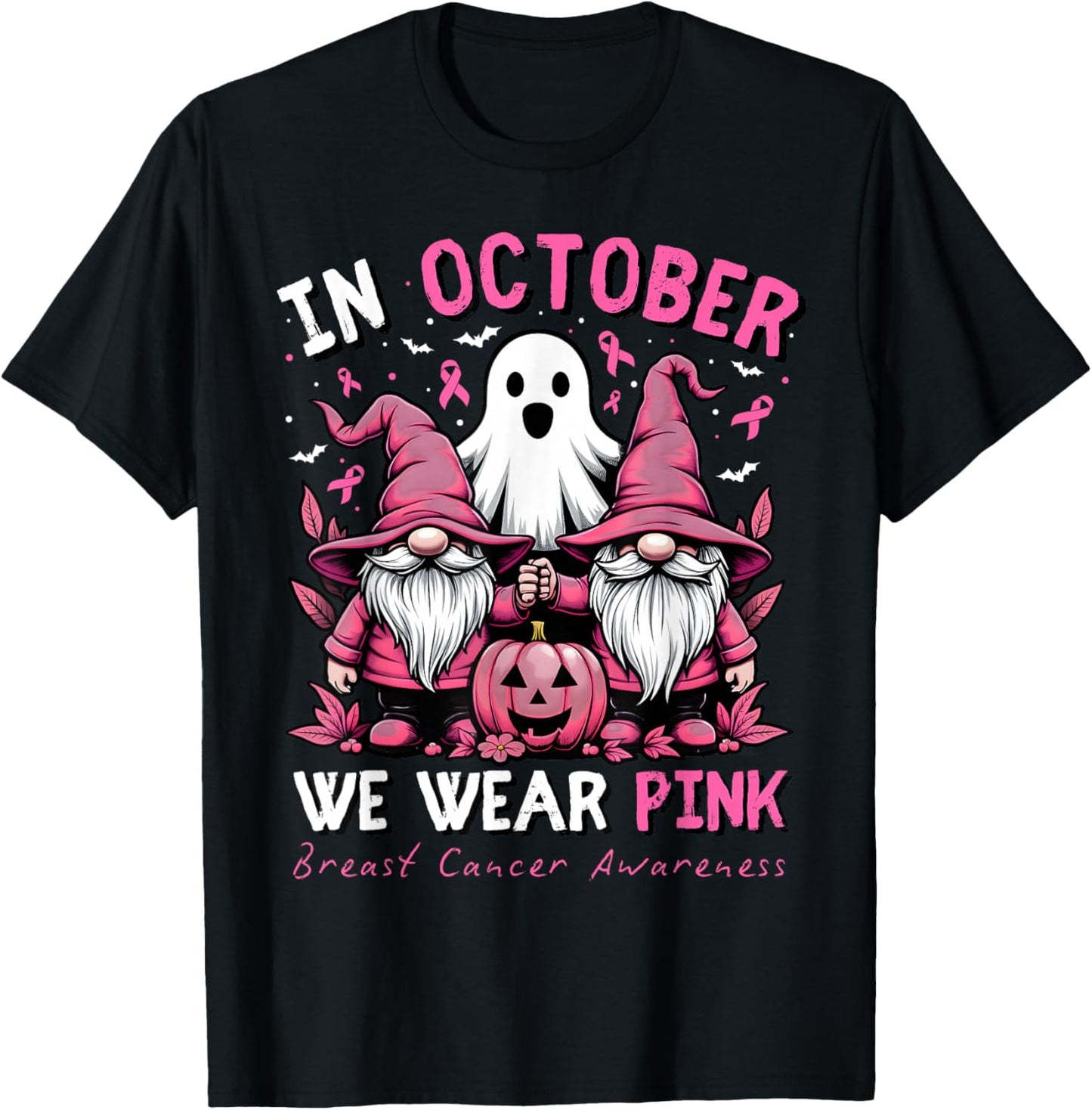 In October We Wear Pink Ghost Gnomes Breast Cancer Awareness T-Shirt - T-Shirt | Black