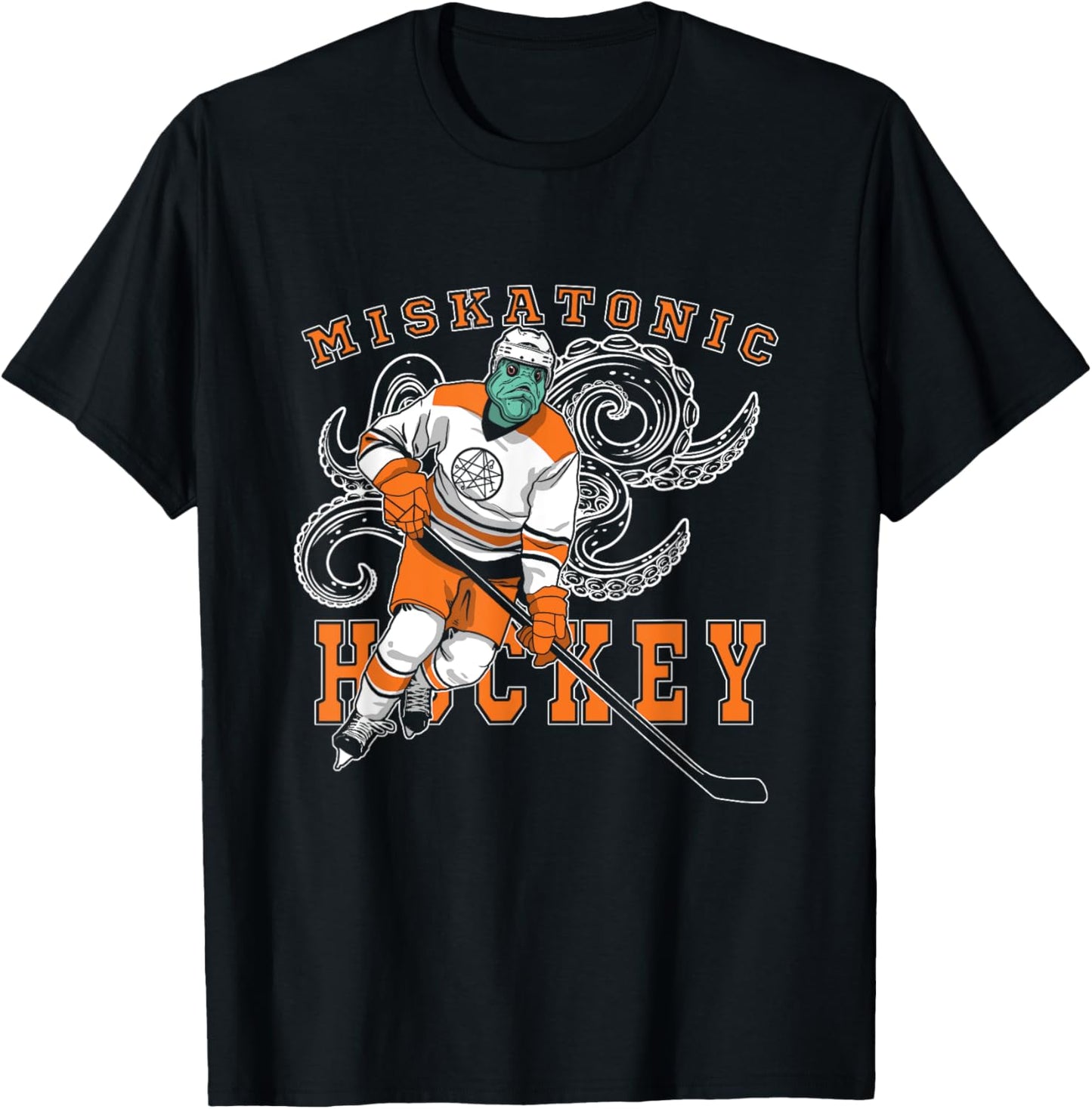 Miskatonic Hockey Sports Orange Horror Graphic On Dark T-Shirt - T-Shirt | Black