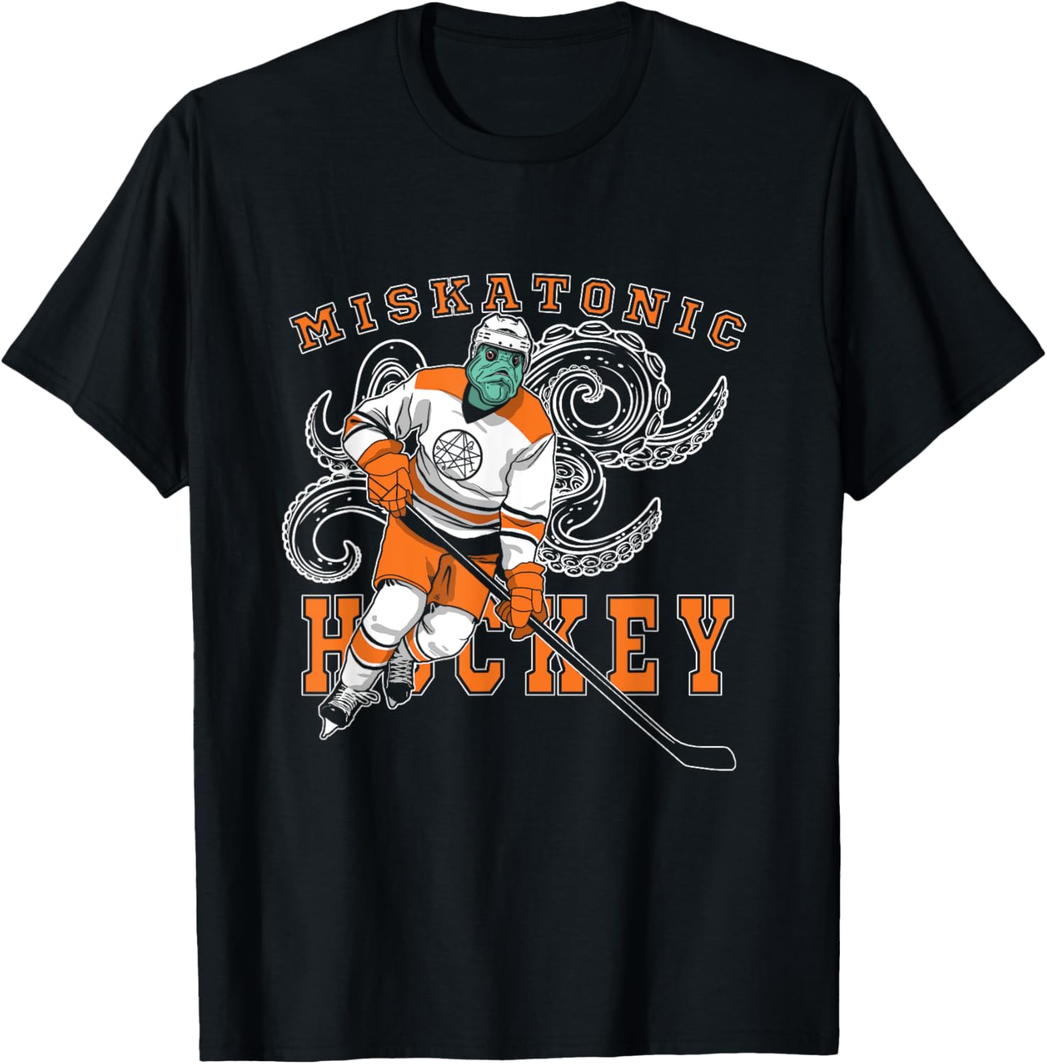 Miskatonic Hockey Sports Orange Horror Graphic On Dark T-Shirt - T-Shirt | Black
