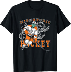 Miskatonic Hockey Sports Orange Horror Graphic On Dark T-Shirt - T-Shirt | Black