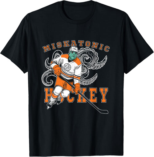 Miskatonic Hockey Sports Orange Horror Graphic On Dark