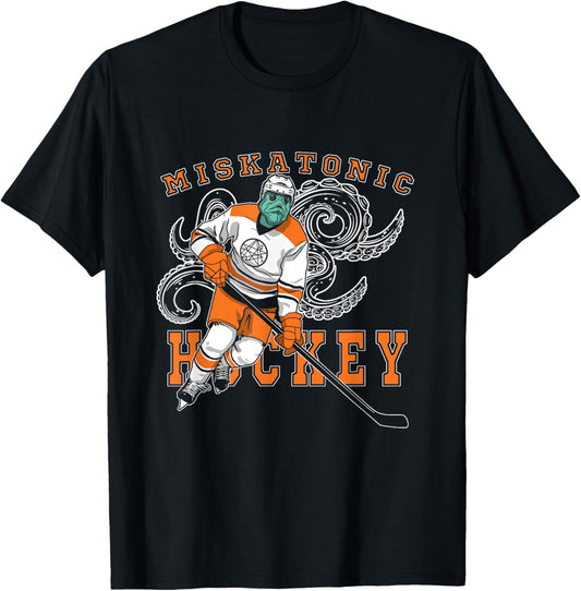 Miskatonic Hockey Sports Orange Horror Graphic On Dark T-Shirt - T-Shirt | Black
