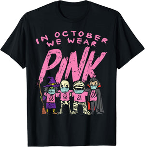 October We Wear Pink Witch Skeleton Breast Cancer Halloween T-Shirt - T-Shirt | Black