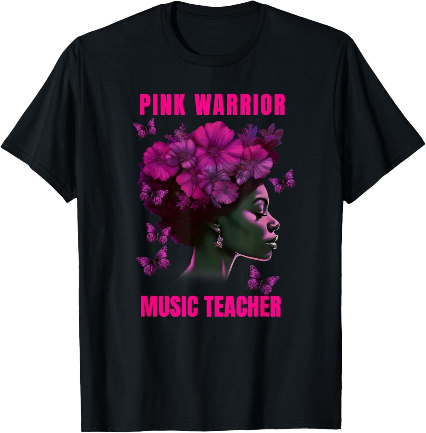 Breast Cancer Awareness Music Teacher Pink Warrior T-Shirt - T-Shirt | Black