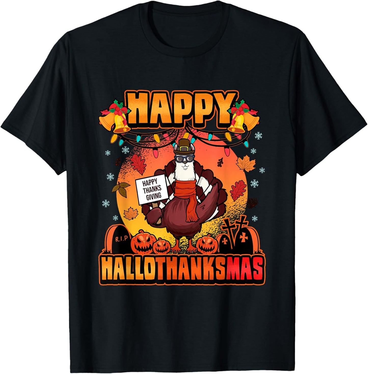Halloween Christmas Happy Hallothanksmas Llama Turkey T-Shirt - T-Shirt | Black