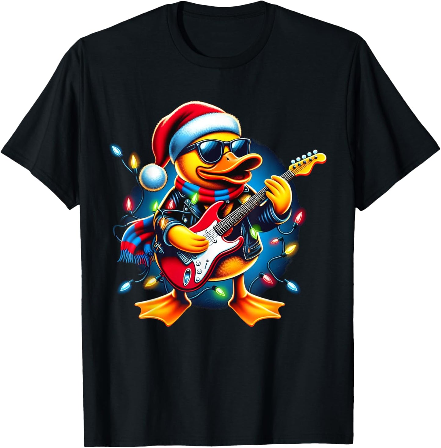 Santa Rubber Duck Christmas Light Xmas Duck Guitar Player T-Shirt - T-Shirt | Black