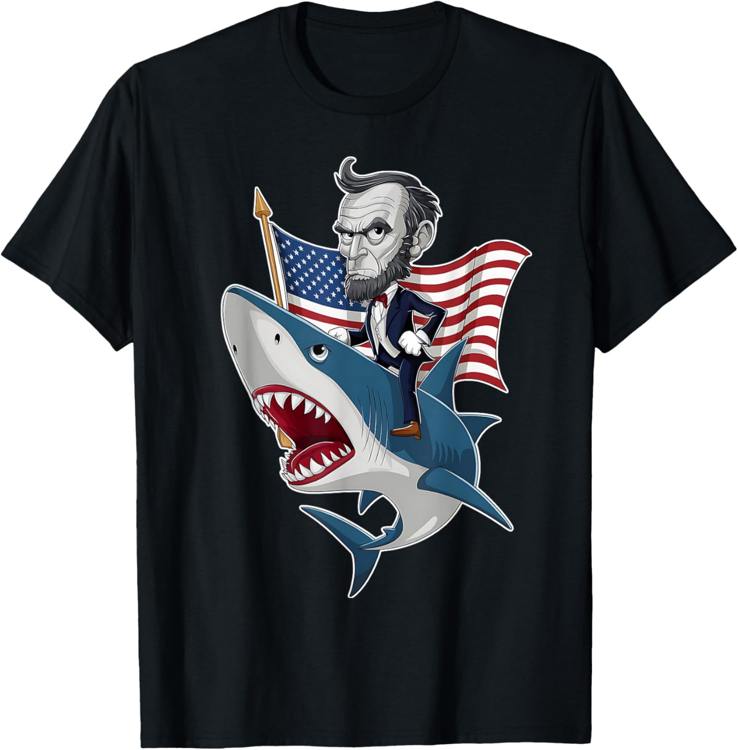 Abraham Lincoln Riding A Shark 4th Of July Patriotic Graphic T-Shirt - T-Shirt | Black