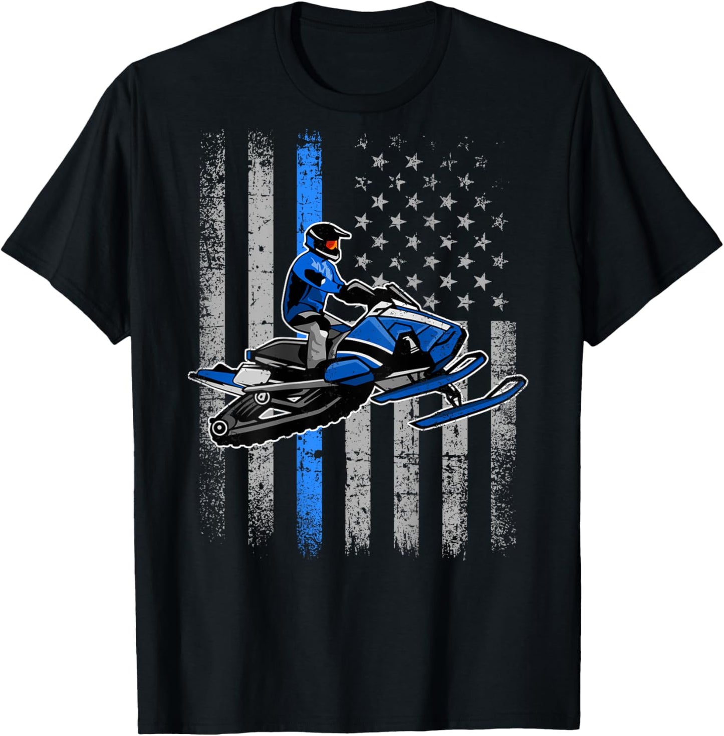 Snowmobile Riding Winter Snow USA American Flag Vintage T-Shirt - T-Shirt | Black
