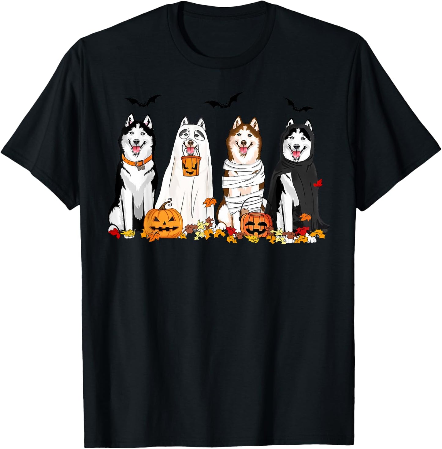 Siberian Husky Dogs Ghost Witch Mummy Halloween Pumpkins T-Shirt - T-Shirt | Black