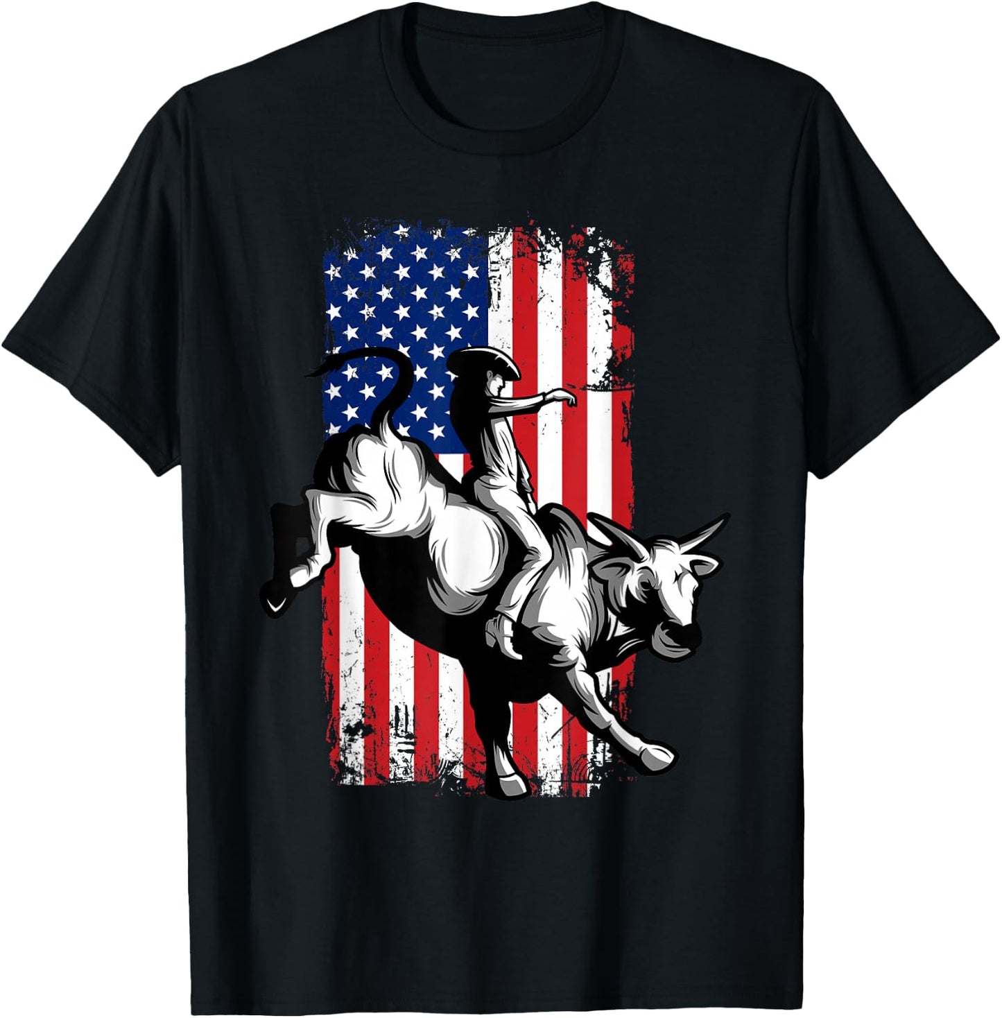 Rodeo Bull Rider Patriotic American USA Flag For Cowboys T-Shirt - T-Shirt | Black
