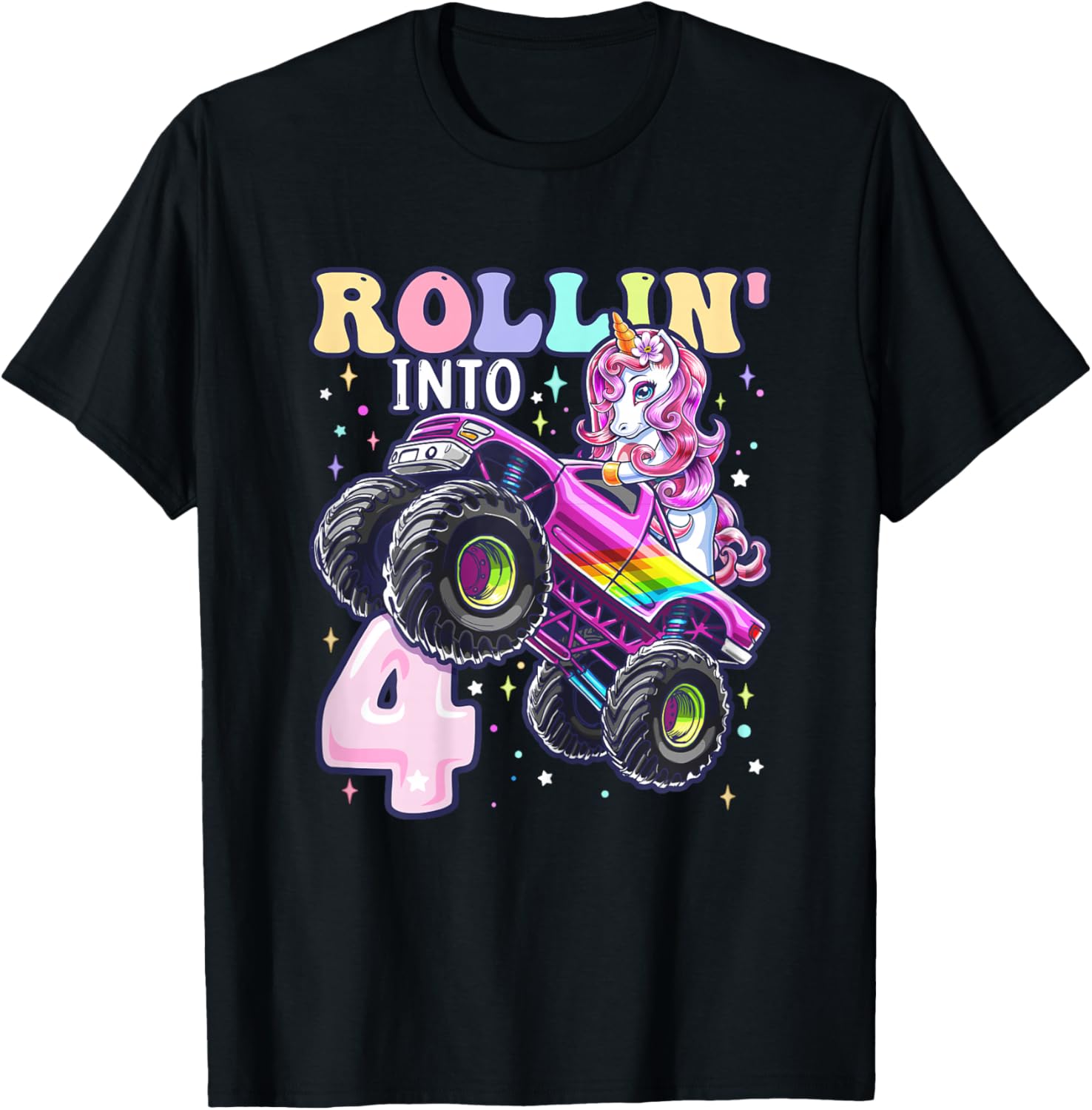 Unicorn Monster Truck 4th Birthday 4 Year Old Girls Party T-Shirt - T-Shirt | Black