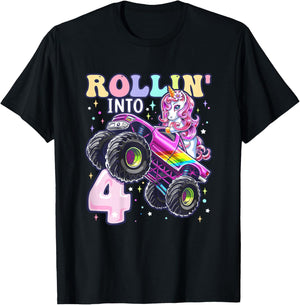 Unicorn Monster Truck 4th Birthday 4 Year Old Girls Party T-Shirt - T-Shirt | Black