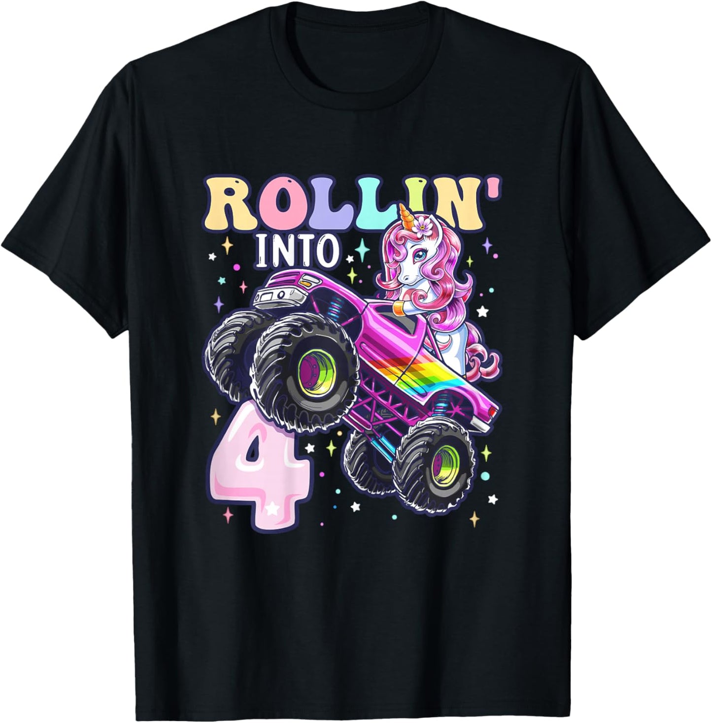 Unicorn Monster Truck 4th Birthday 4 Year Old Girls Party T-Shirt - T-Shirt | Black