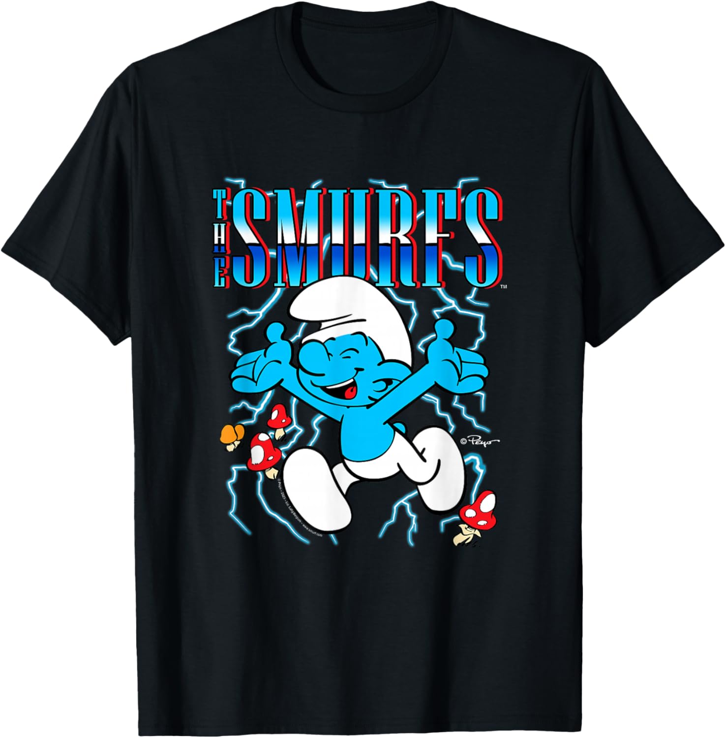 The Smurfs Chrome Logo & Mushrooms Retro Cartoon T-Shirt - T-Shirt | Black