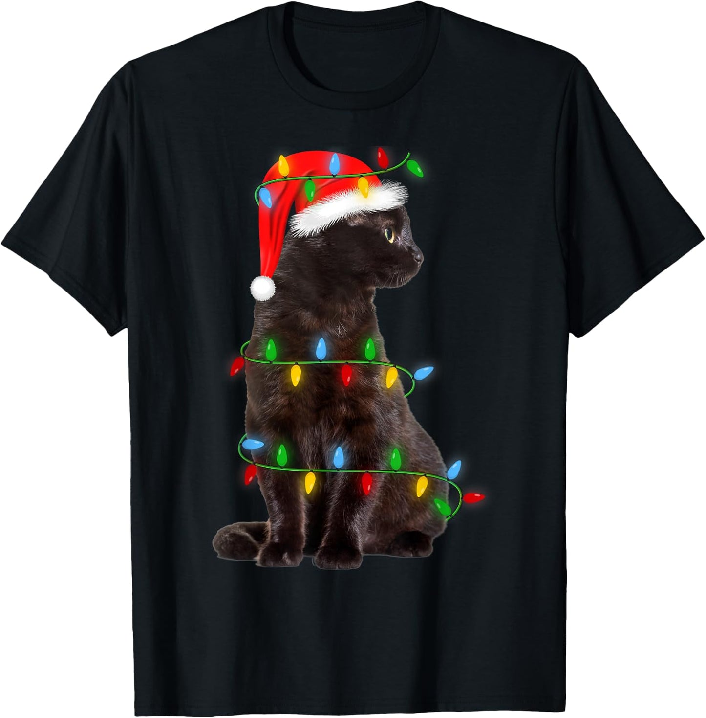 Black-Cat Christmas Tree Lights Funny Santa Kitten Led Light T-Shirt - T-Shirt | Black