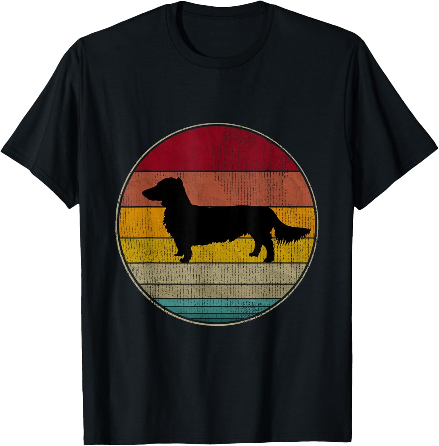 Long Haired Dachshund Dog Silhouette Pet Lover Vintage Retro T-Shirt - T-Shirt | Black