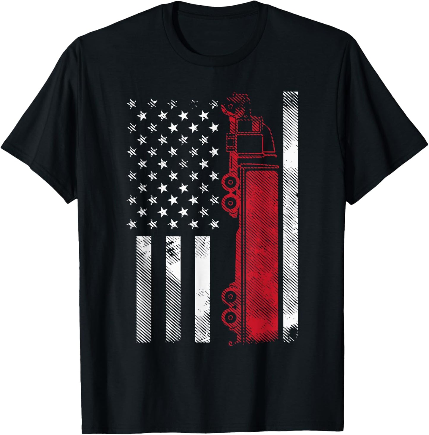 US American Flag Semi Truck Driver 18 Wheeler Trucker Gift Short Sleeve T-Shirt - T-Shirt | Black