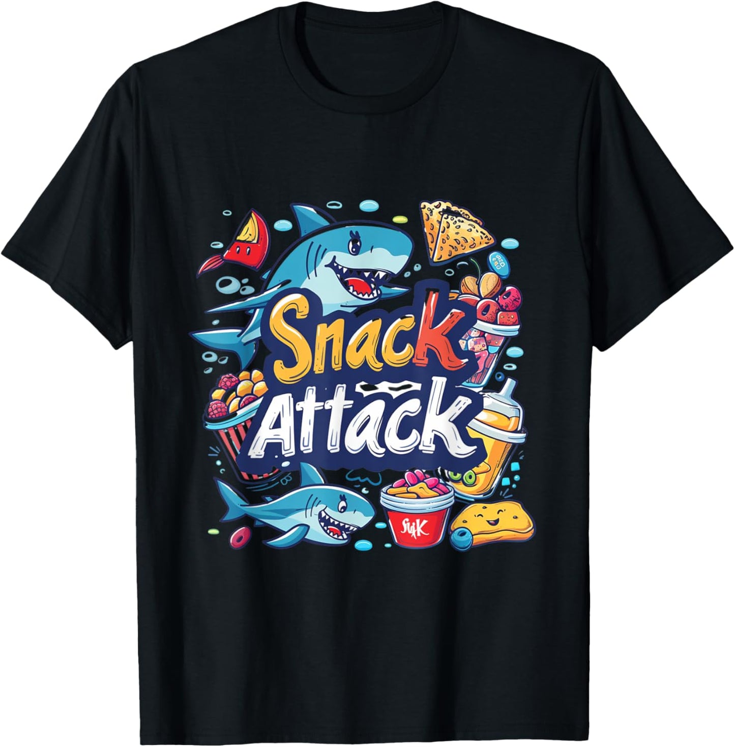 Snack Attack Funny Food Foodie Munchies Children Kids Shark T-Shirt - T-Shirt | Black