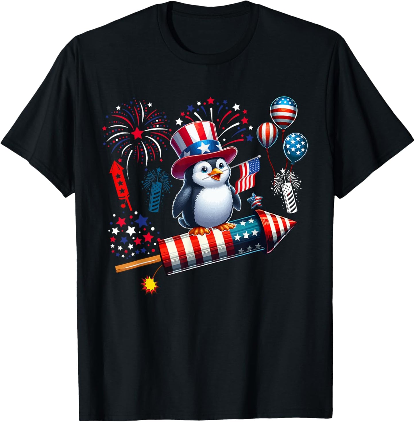 Penguin Riding Firecracker 4th Of July Bird Proud Flag T-Shirt - T-Shirt | Black