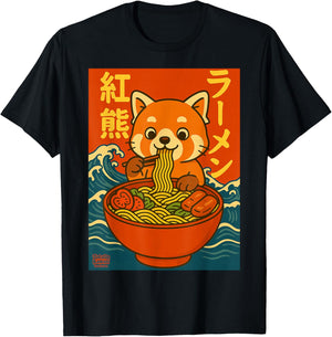 Kawaii Ramen Red Panda Anime Japanese Noodles Cute T-Shirt - T-Shirt | Black